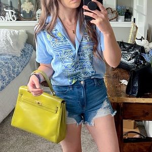 Vintage western Aztec summer short sleeve button down top collar fitted waist A